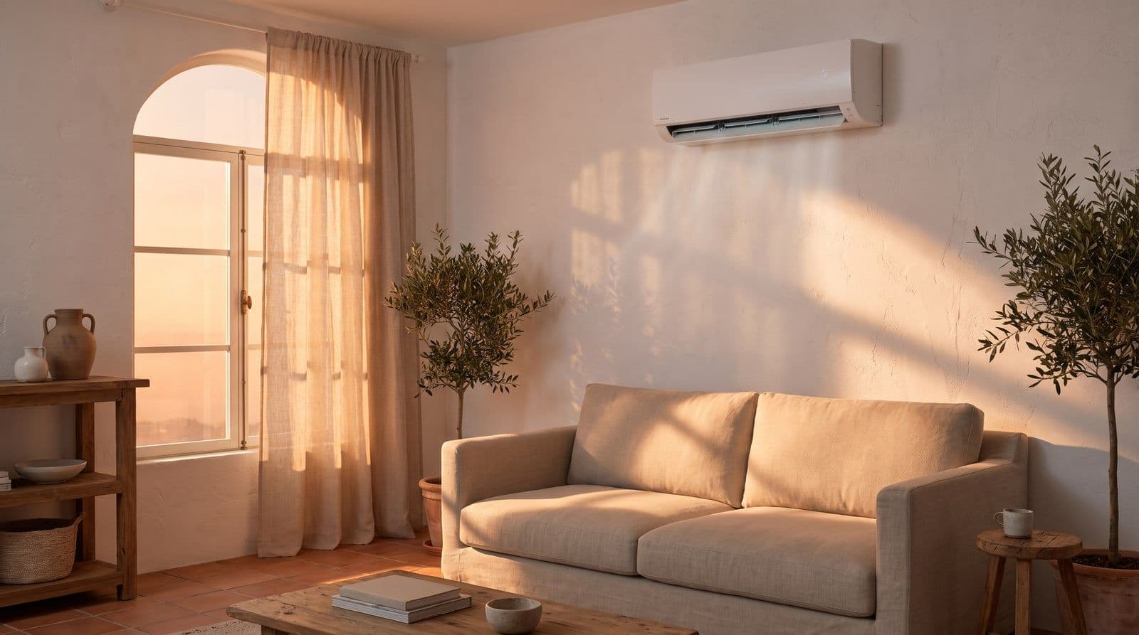 Salón de una vivienda española al atardecer con un aparato de aire acondicionado de pared en marcha, luz cálida del sol entrando por una ventana en arco sobre un sofá claro y suelo de barro.