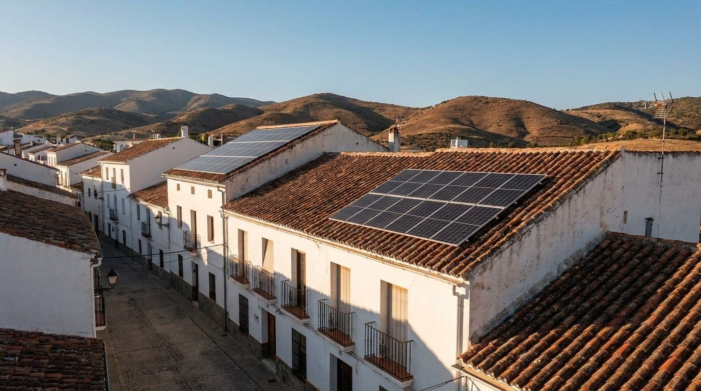 Placas solares sobre los tejados de teja de un pueblo blanco andaluz al atardecer, con colinas secas al fondo