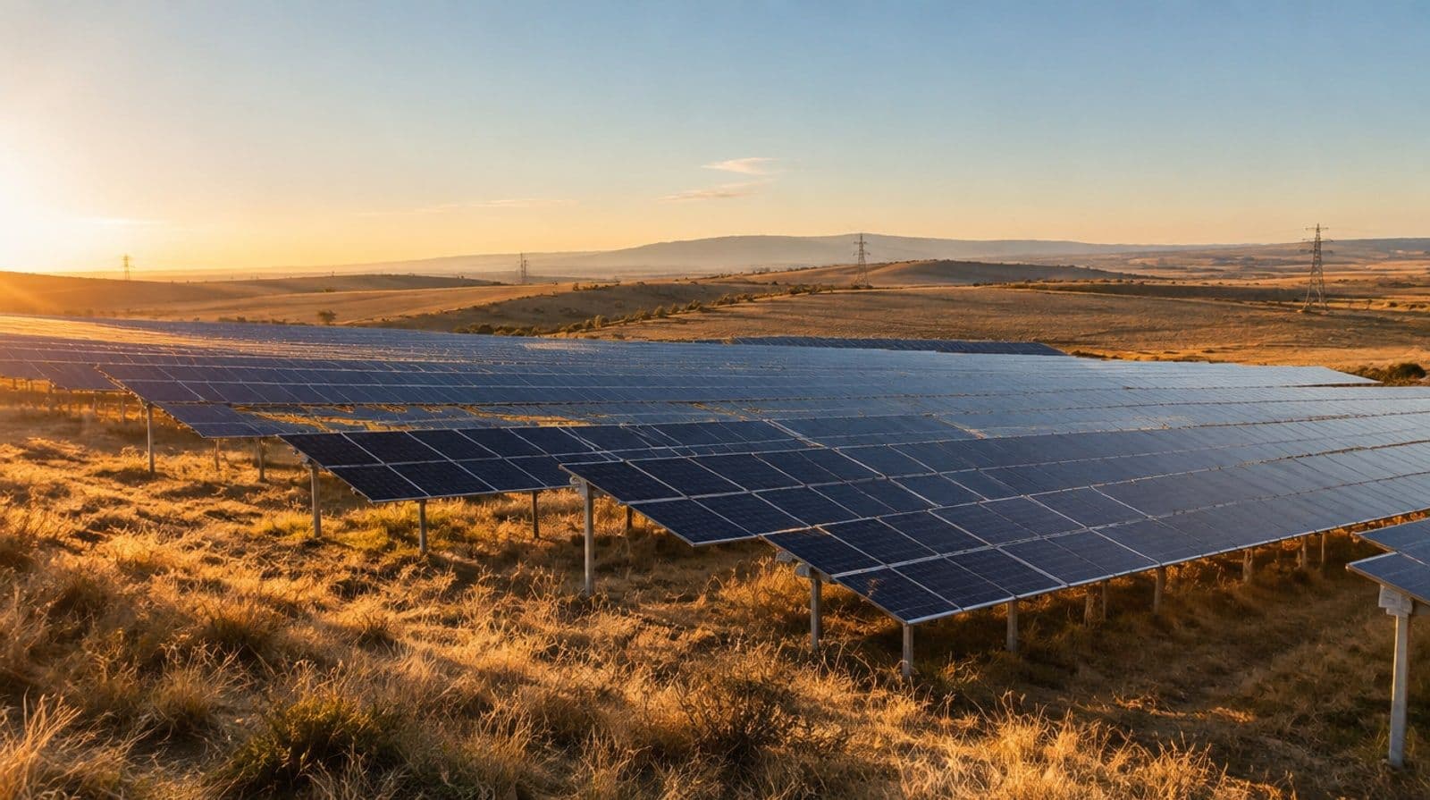 Parque solar fotovoltaico en la meseta española al atardecer, con largas filas de placas captando el sol bajo