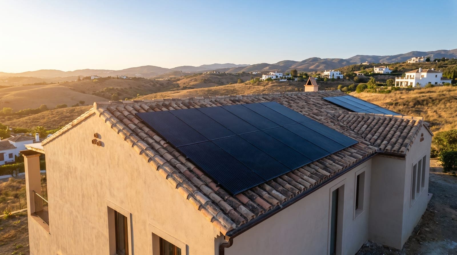 Placas solares fotovoltaicas en el tejado de teja de una vivienda mediterránea española con luz de tarde