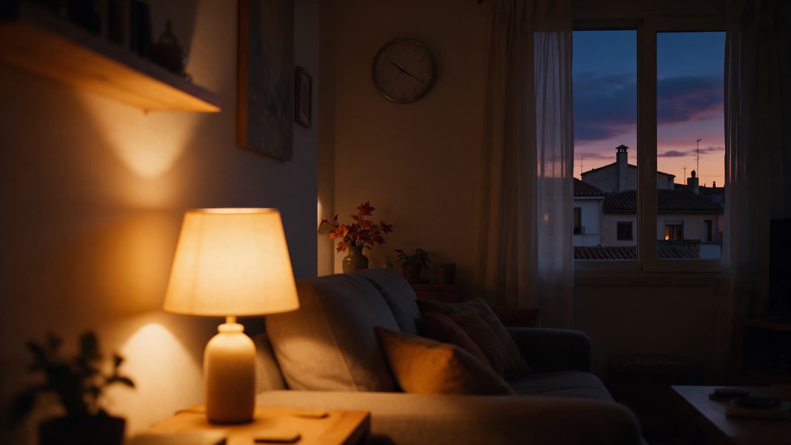 Salón de una casa española al anochecer en otoño, con una lámpara encendida y un reloj de pared analógico; tejados al fondo tras la ventana.