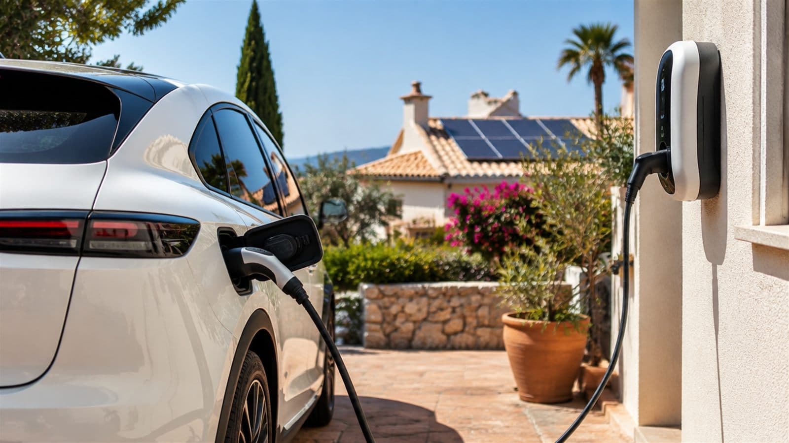 Coche eléctrico blanco enchufado a un cargador de pared en una casa mediterránea española con placas solares en el tejado, a plena luz del mediodía