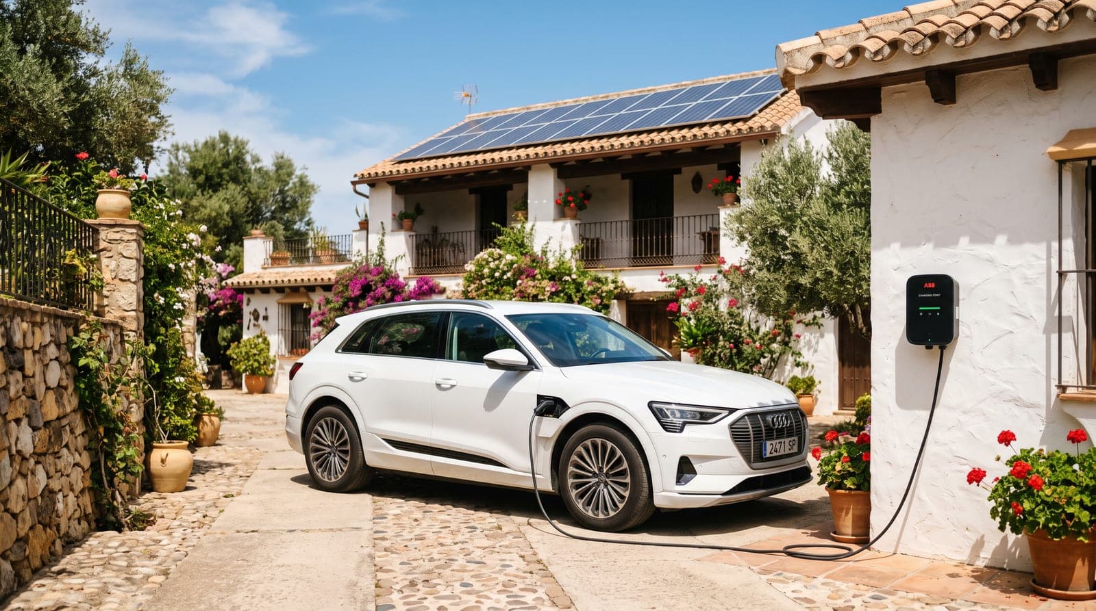 Coche eléctrico blanco enchufado a un cargador de pared en la entrada soleada de una casa mediterránea española, con placas solares en el tejado a mediodía.