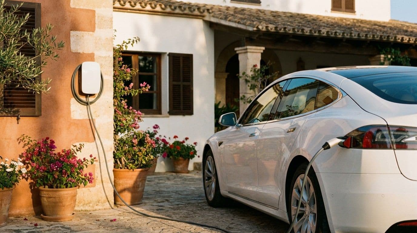 Coche eléctrico blanco enchufado a un cargador de pared en la fachada de una vivienda española al atardecer, con la luz cálida del sol bajo.