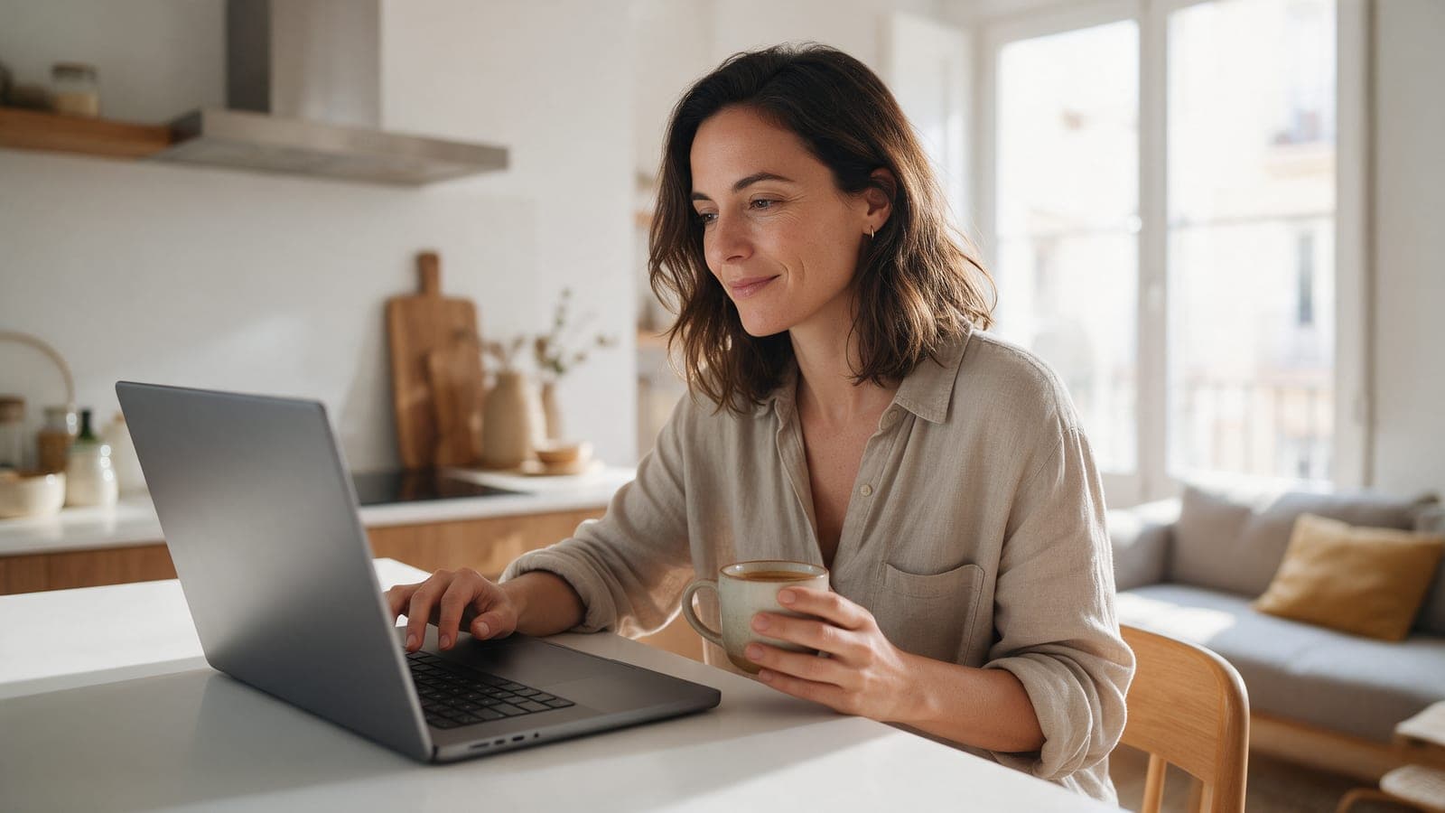 Mujer en la cocina de un piso soleado cambiando su tarifa de luz con el portátil y un café en la mano