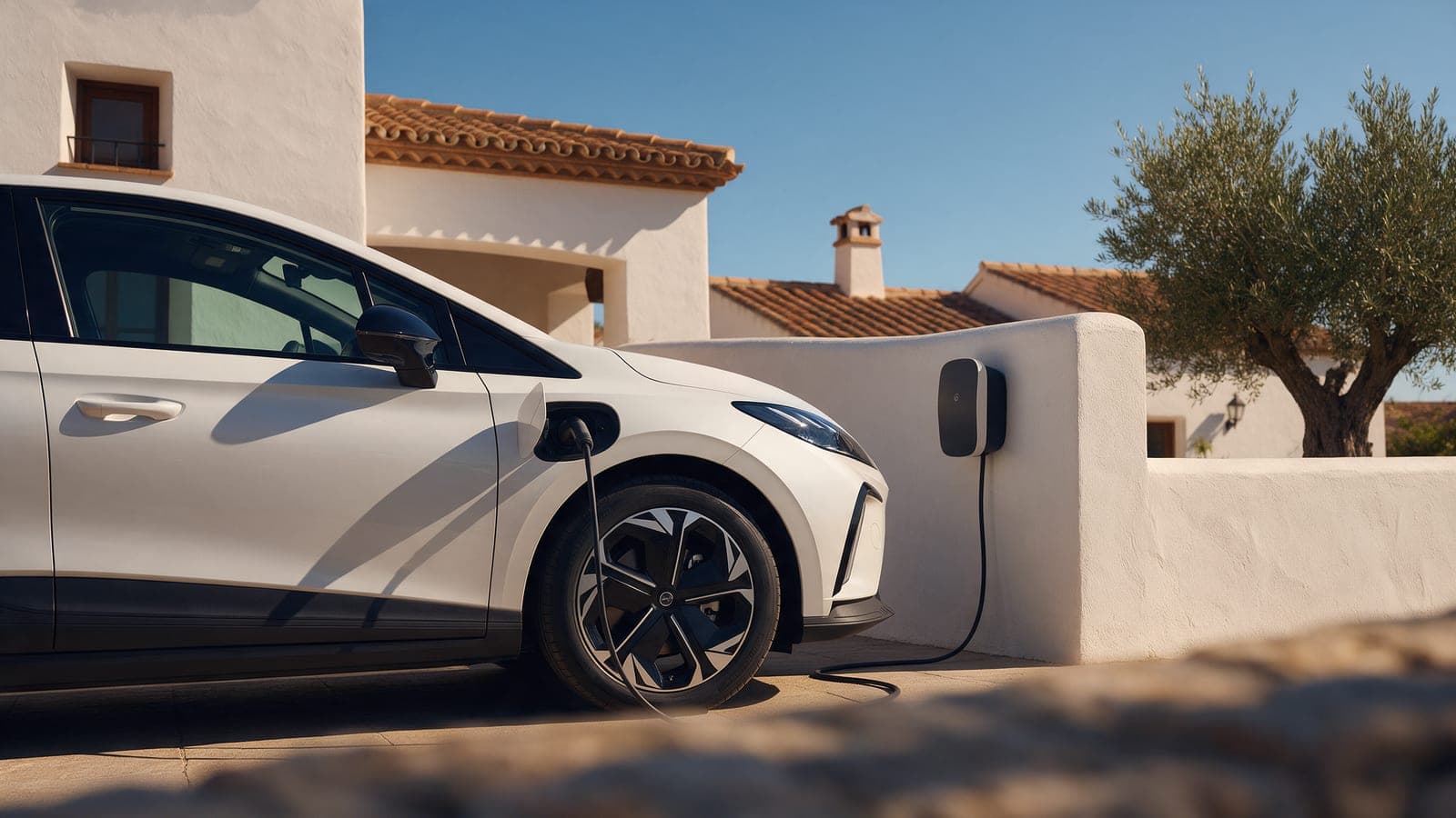 Coche eléctrico blanco cargando enchufado a un wallbox en la entrada de una casa mediterránea con olivo, a plena luz del día.
