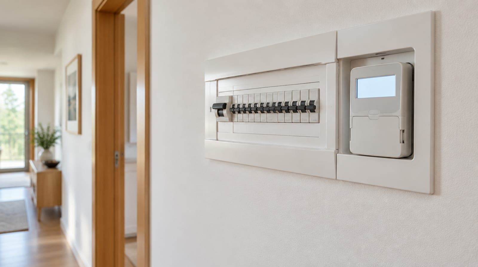Cuadro eléctrico doméstico con fila de interruptores blancos y un contador digital junto a una pared blanca de una vivienda española