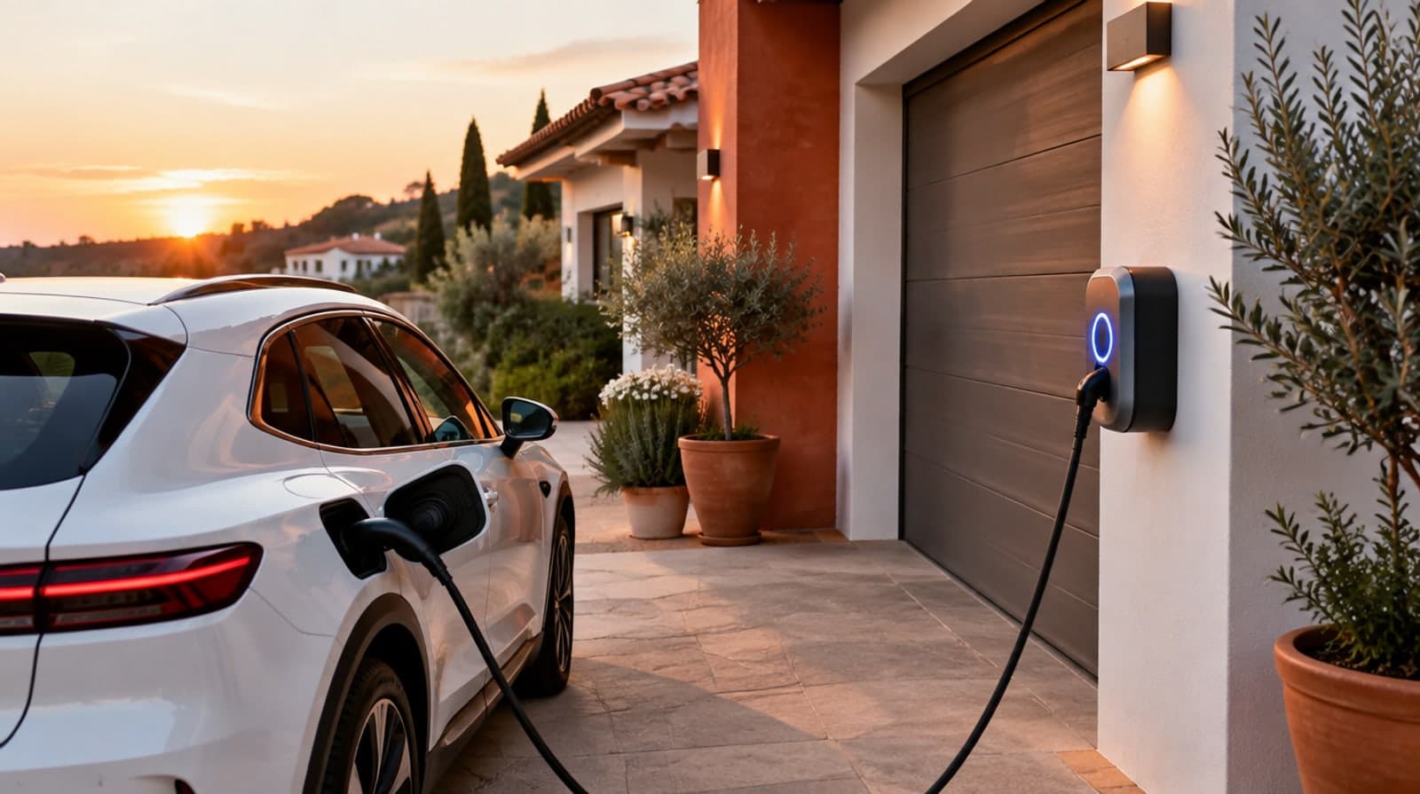 Coche eléctrico blanco cargando enchufado a un wallbox en la entrada de una casa mediterránea española al atardecer