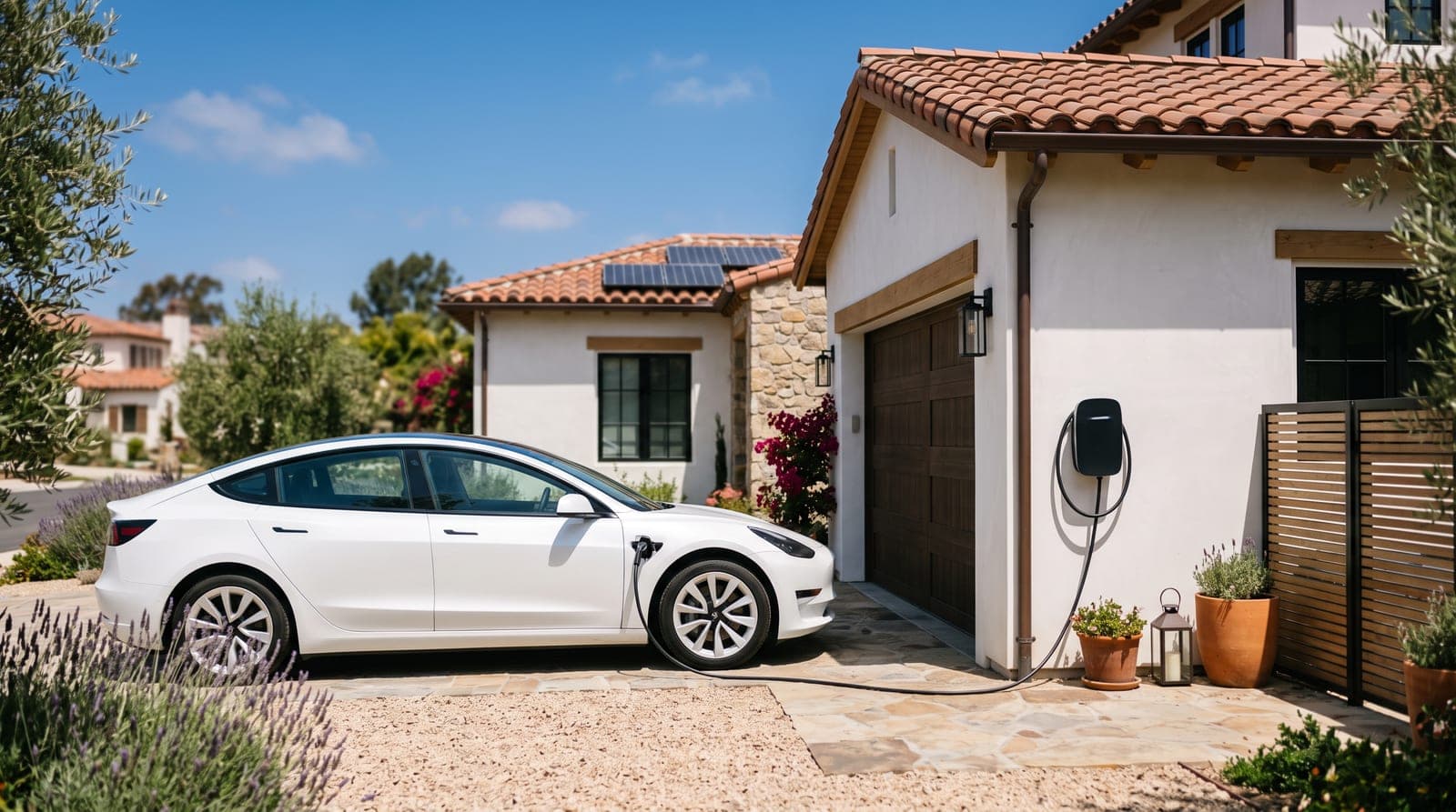 Coche eléctrico blanco cargando en la entrada de una casa española a pleno sol del mediodía.