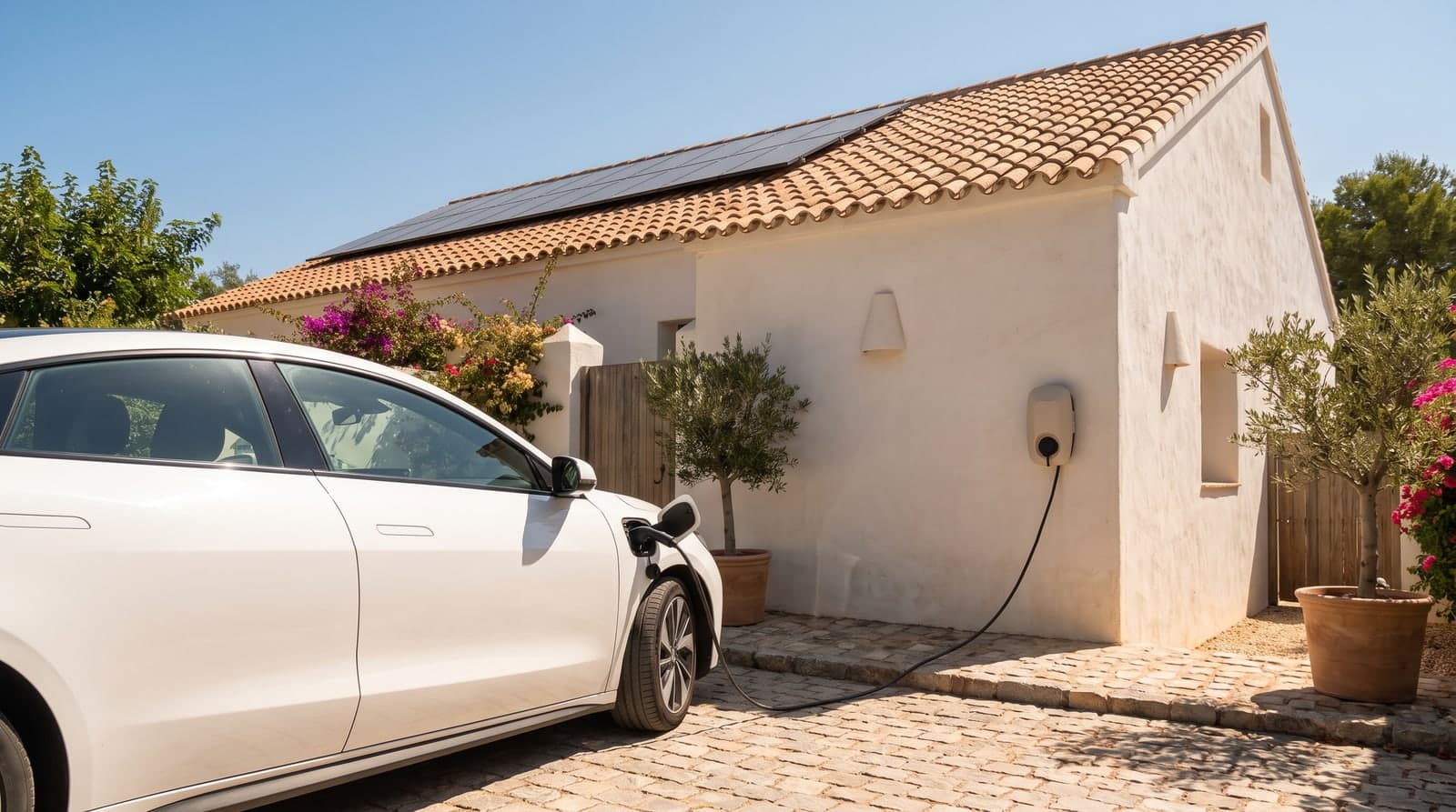Coche eléctrico blanco aparcado en la entrada de una casa unifamiliar mediterránea del sur de España, enchufado a un cargador wallbox de pared bajo el sol del mediodía, con placas solares en el tejado.