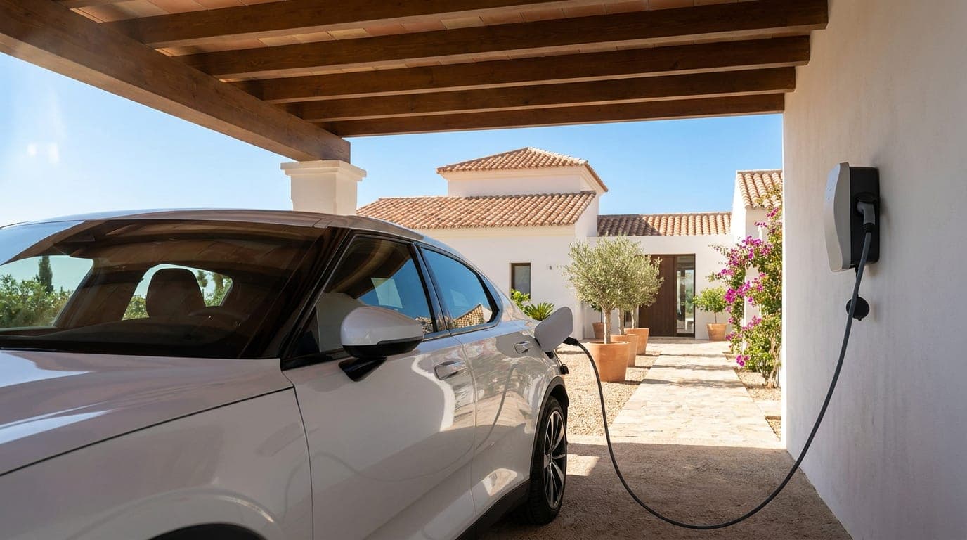 Coche eléctrico blanco cargando en un cargador de pared de una vivienda española a mediodía, con fuerte luz mediterránea y una casa de paredes blancas y tejado de teja al fondo.