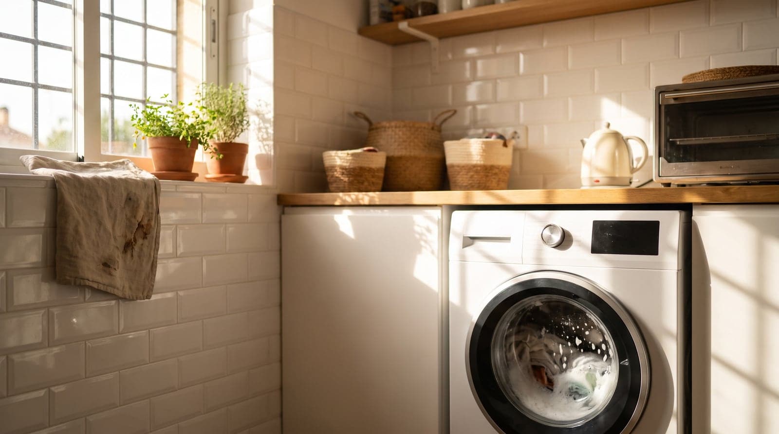 Lavadora en marcha a mediodía en una cocina española luminosa, con luz de sol entrando por la ventana