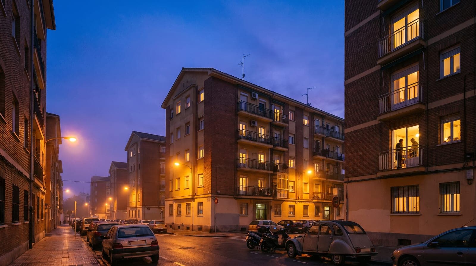 Calle de un barrio residencial español al anochecer, con las ventanas de los pisos iluminadas a la hora de la cena, la franja más cara de la luz.