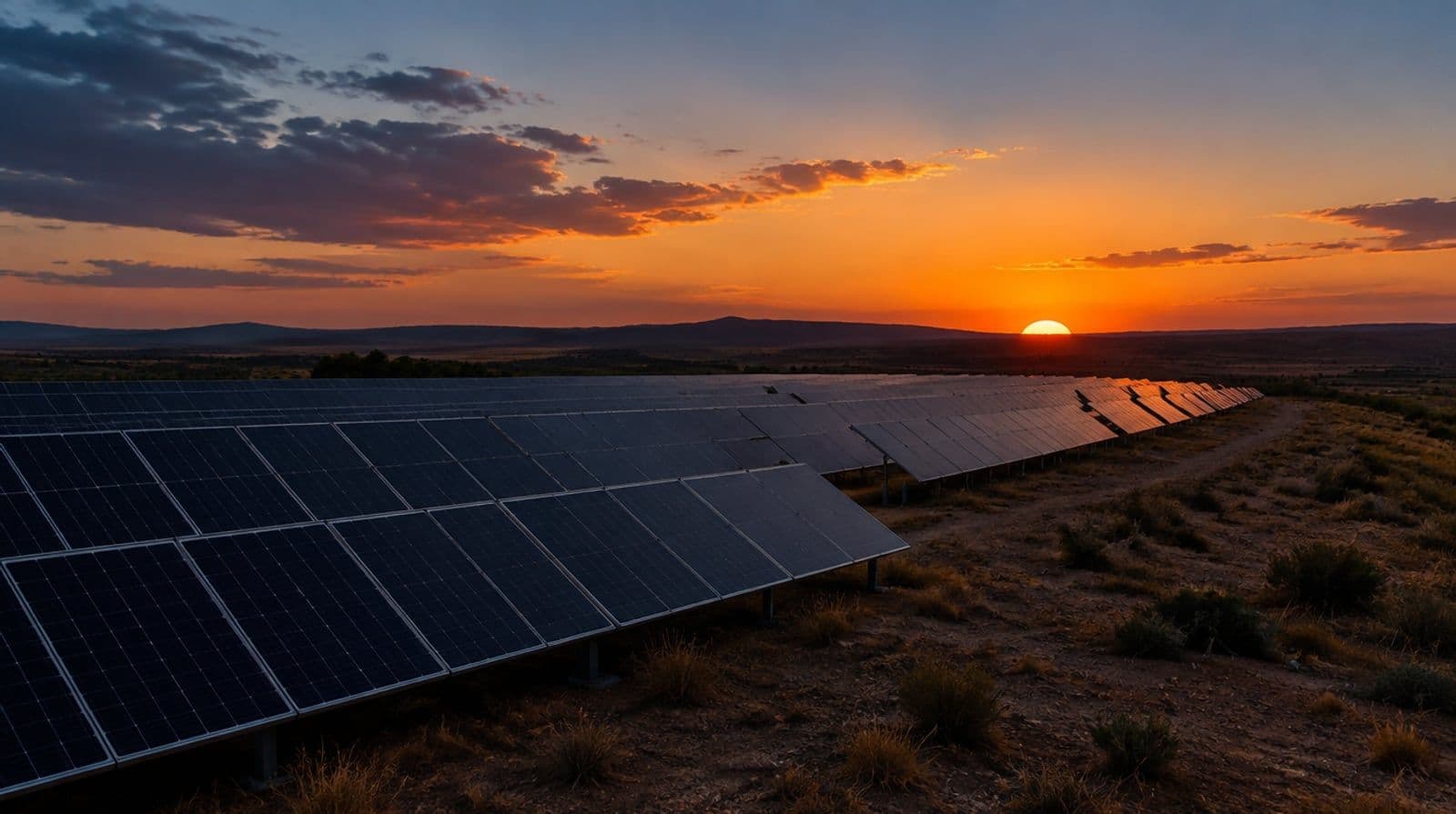 Parque solar fotovoltaico en una llanura de España al atardecer, con el sol medio puesto y las primeras filas de paneles ya en sombra