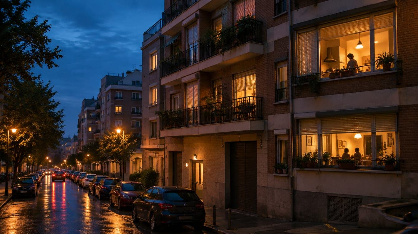 Calle residencial española al anochecer con las ventanas iluminadas a la hora de la cena
