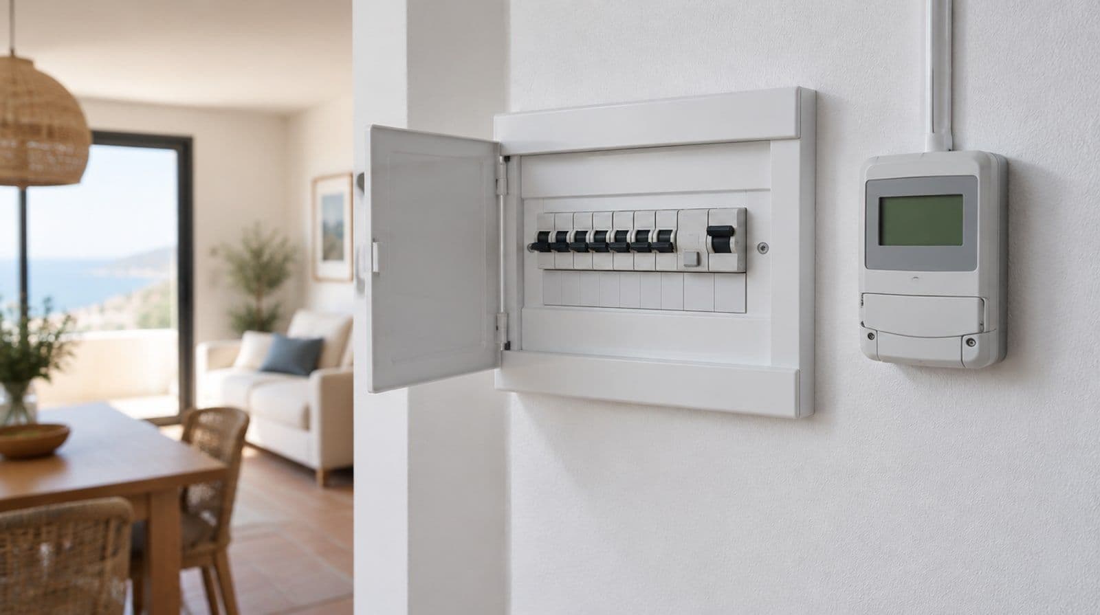 Cuadro eléctrico doméstico con magnetotérmicos y contador digital en la pared de una vivienda española