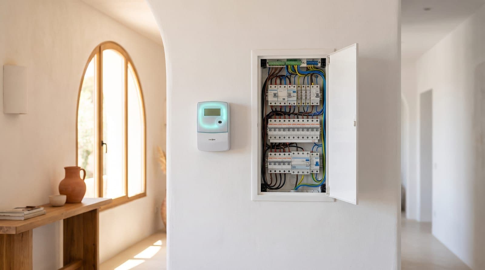 Contador digital de la luz con la pantalla encendida junto a un cuadro eléctrico abierto en el recibidor de una casa mediterránea española, con luz natural de una ventana en arco.