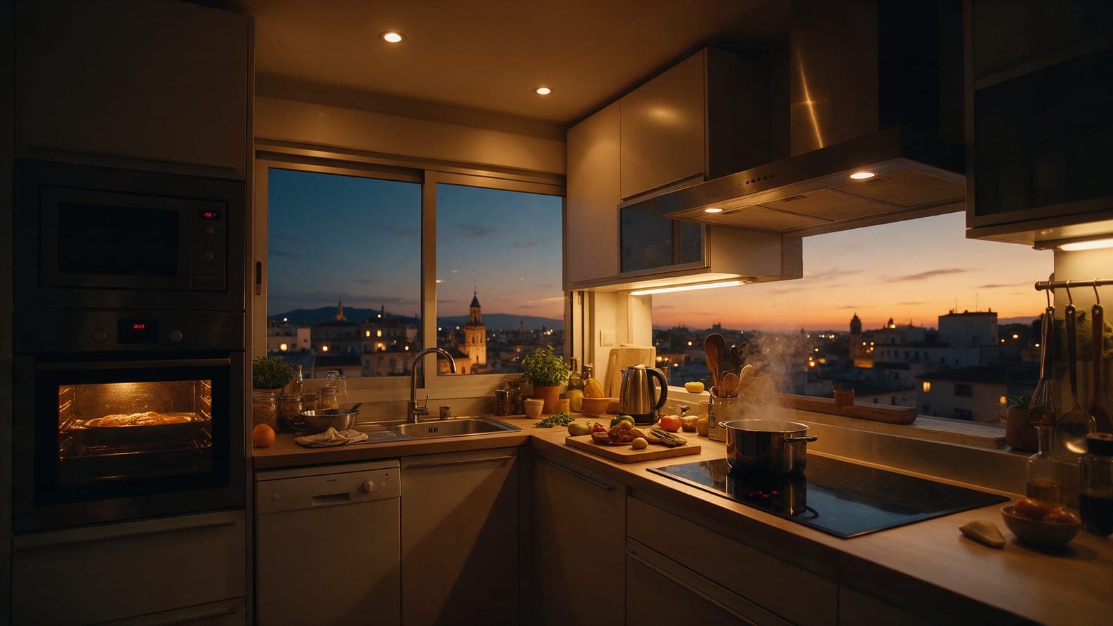 Cocina doméstica española a la hora de la cena, al anochecer: horno y vitrocerámica encendidos y la ciudad iluminándose al fondo.