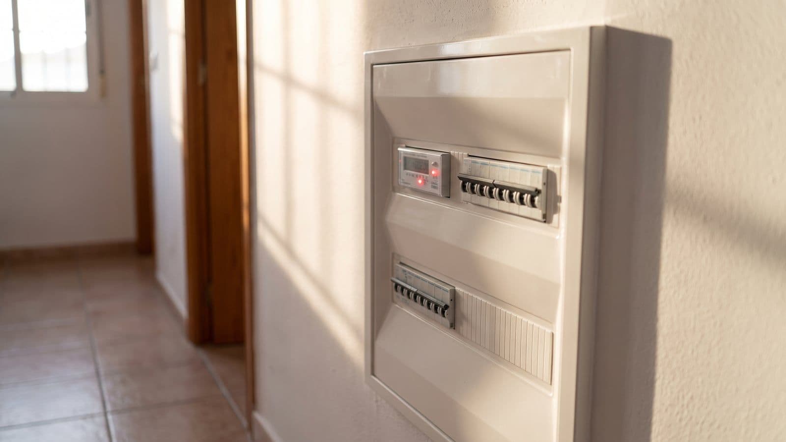 Cuadro eléctrico doméstico con contador digital en la pared de una vivienda española, con luz cálida de tarde