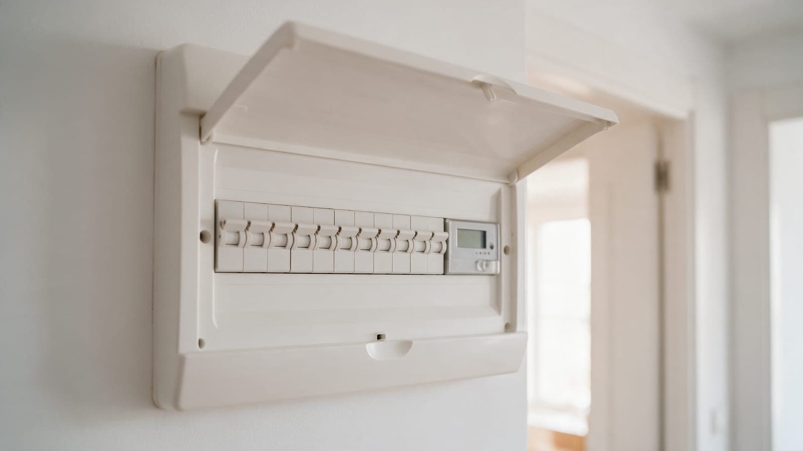 Cuadro eléctrico doméstico con contador digital y automáticos blancos en la pared de una vivienda española