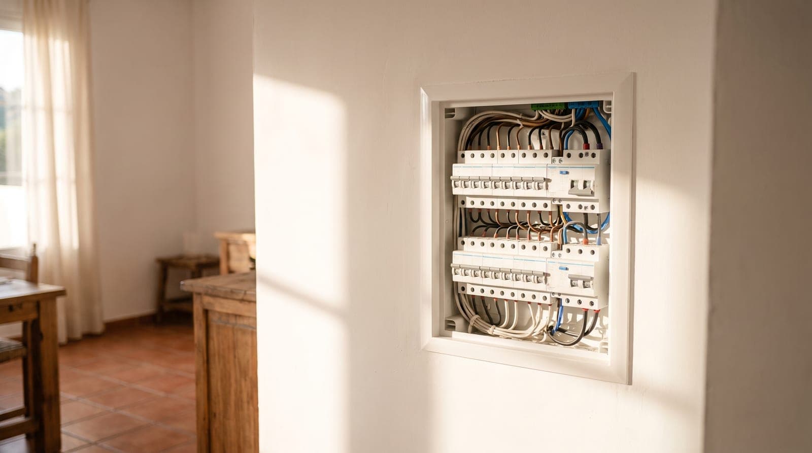 Cuadro eléctrico doméstico con automáticos, abierto en la pared blanca de una vivienda española con suelo de barro y luz cálida de mediodía.