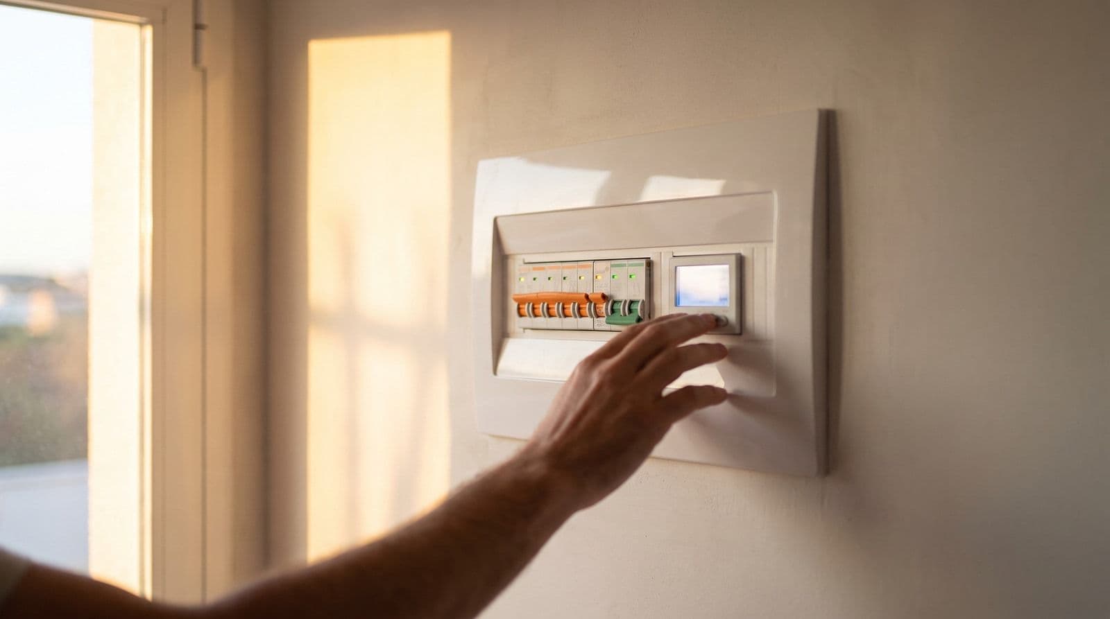 Una mano acciona un interruptor del cuadro eléctrico de una vivienda española, con los magnetotérmicos y una pequeña pantalla de consumo, iluminado por la luz cálida de una ventana al atardecer.