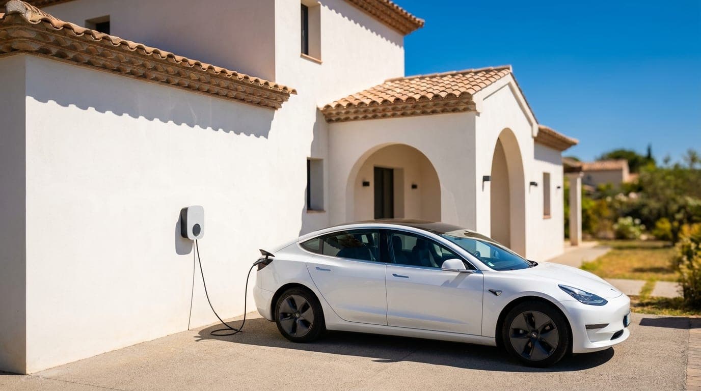 Coche eléctrico blanco enchufado a un cargador de pared en la entrada de una casa mediterránea española encalada, bajo el sol intenso del mediodía de agosto.