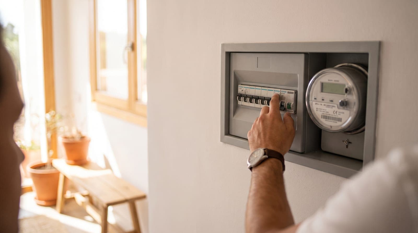 Una persona acciona el diferencial del cuadro eléctrico junto al contador digital en una casa española con luz de mediodía