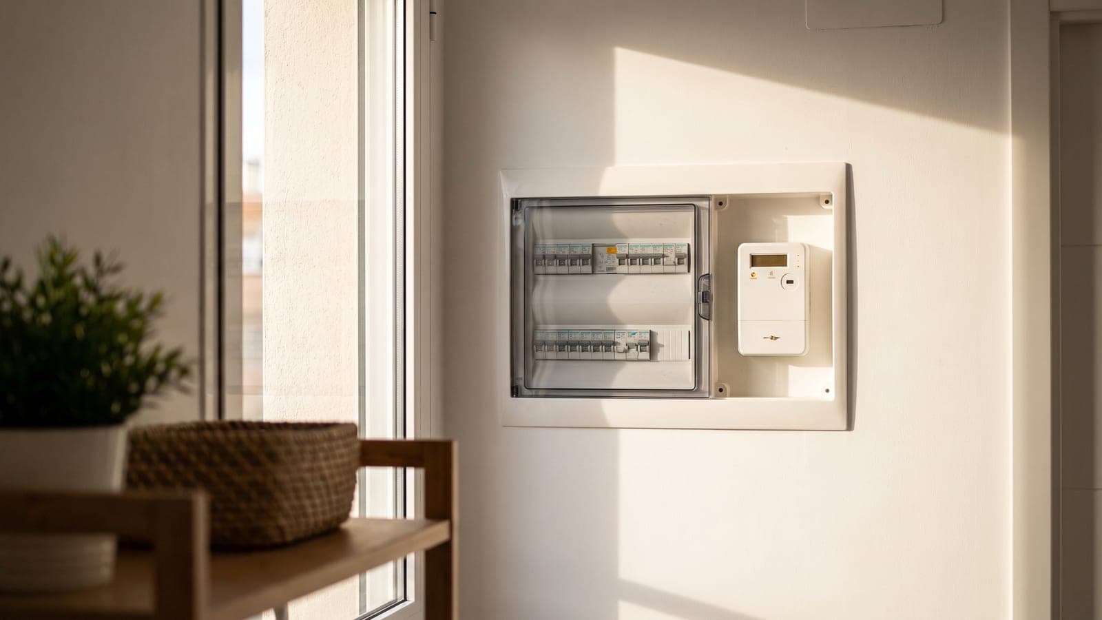 Cuadro eléctrico doméstico español con automáticos y un contador de luz en la pared de un piso, con luz natural cálida entrando por la ventana.