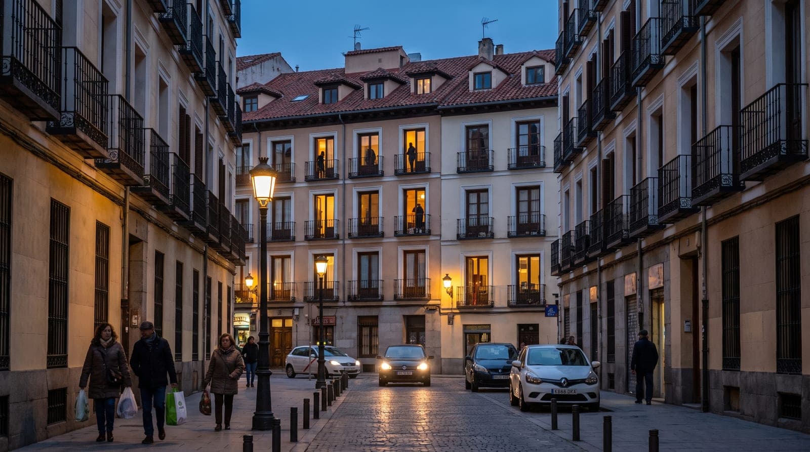 Calle residencial española al anochecer con las ventanas de los pisos encendidas a la hora de la cena