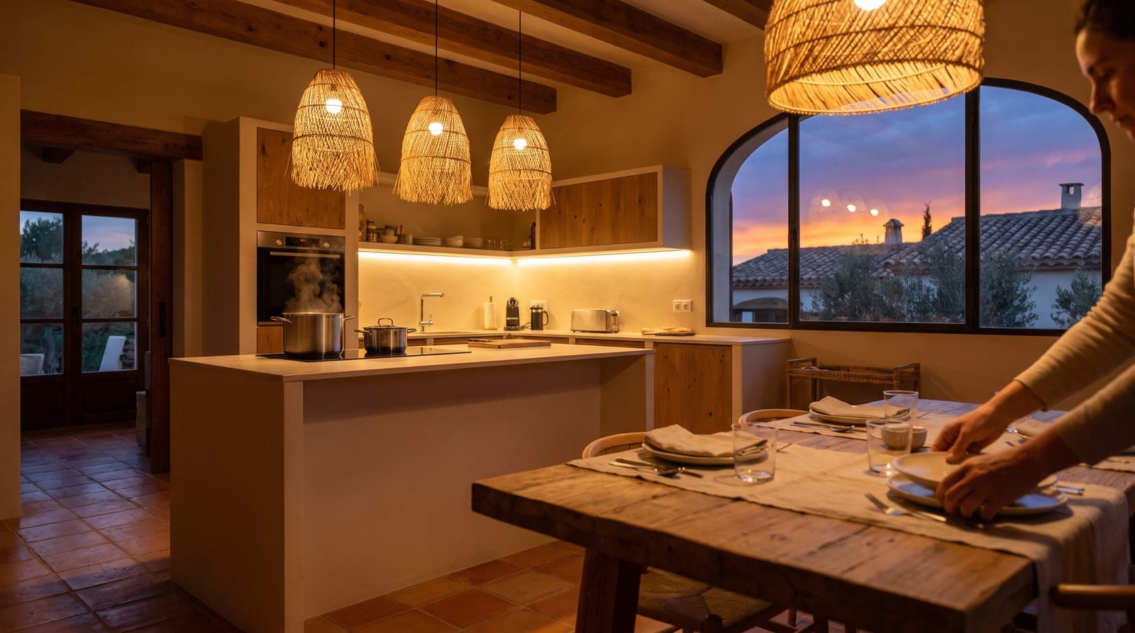 Cocina de una casa española al anochecer, con las luces cálidas encendidas y la cena preparándose mientras por la ventana se ve el cielo del atardecer.