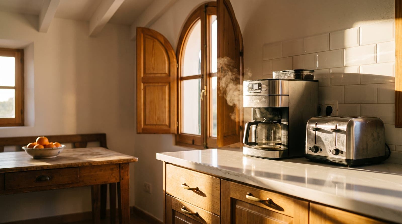 Cocina de una casa española al amanecer con cafetera y tostadora encendidas y luz dorada entrando por la ventana