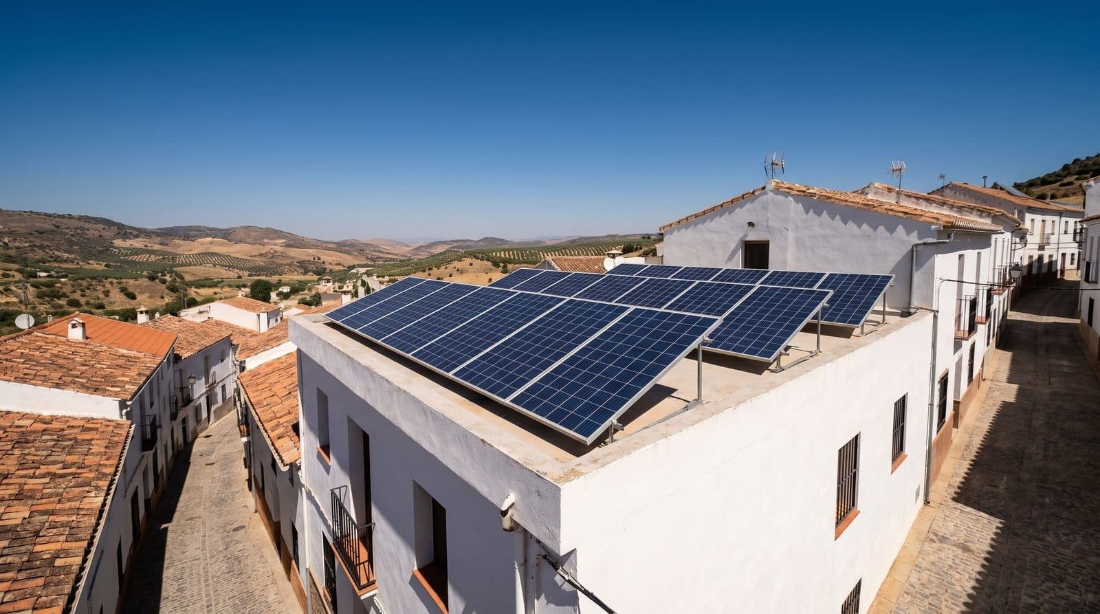 Placas solares en el tejado de una casa mediterránea encalada del sur de España bajo el sol intenso del mediodía de agosto.