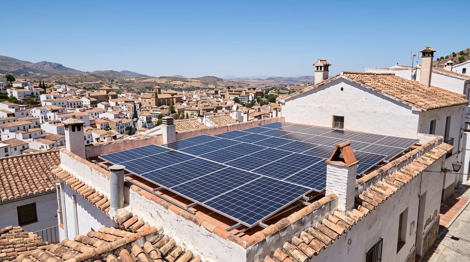 Tejado de una vivienda mediterránea encalada cubierto de placas solares azul oscuro, fotografiado a mediodía con el sol en lo alto y el cielo despejado, con tejas de terracota y colinas al fondo.