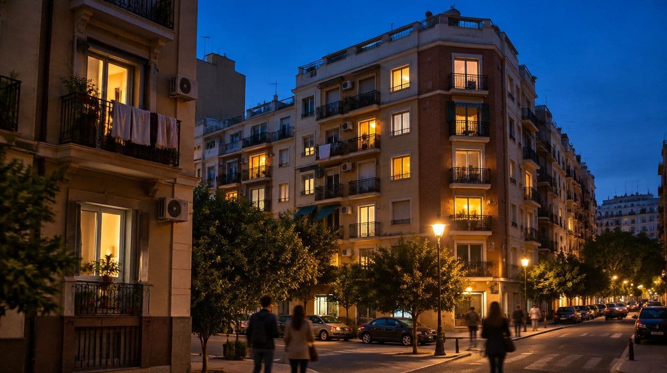 Calle de un barrio español al anochecer, con las ventanas de los pisos iluminadas a la hora de la cena y las farolas ya encendidas