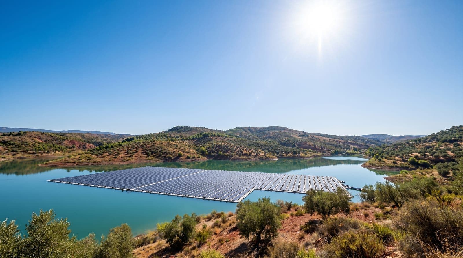 Planta solar fotovoltaica flotante sobre un embalse en España bajo el sol del mediodía, con colinas de olivar al fondo