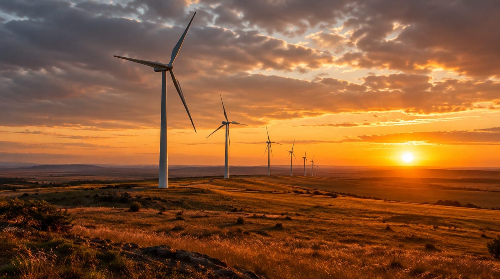 Aerogeneradores en una meseta castellana al atardecer, con el sol muy bajo en el horizonte