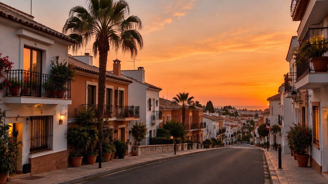 Calle tranquila de un barrio residencial español al atardecer de un sábado, con ventanas iluminadas