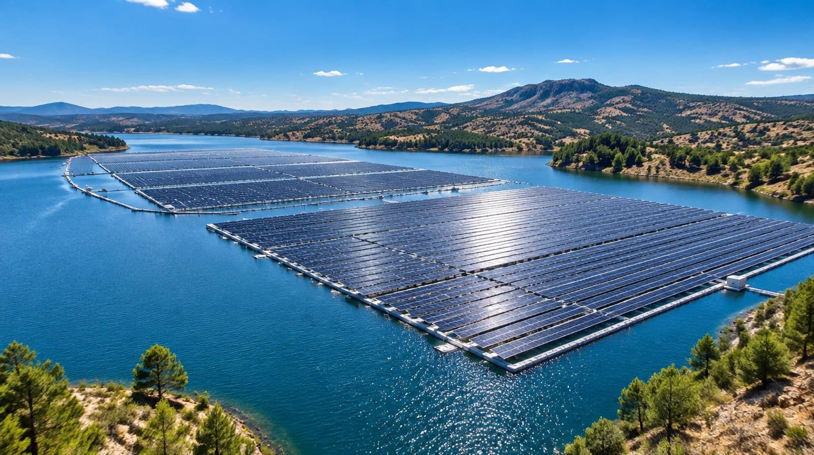 Vista aérea de una planta solar fotovoltaica flotante sobre un embalse español bajo el sol pleno del mediodía