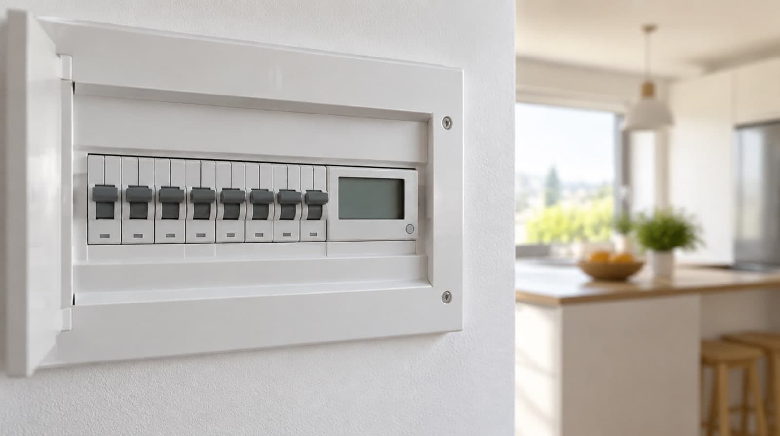 Cuadro eléctrico doméstico con automáticos blancos y un pequeño display digital en una cocina luminosa