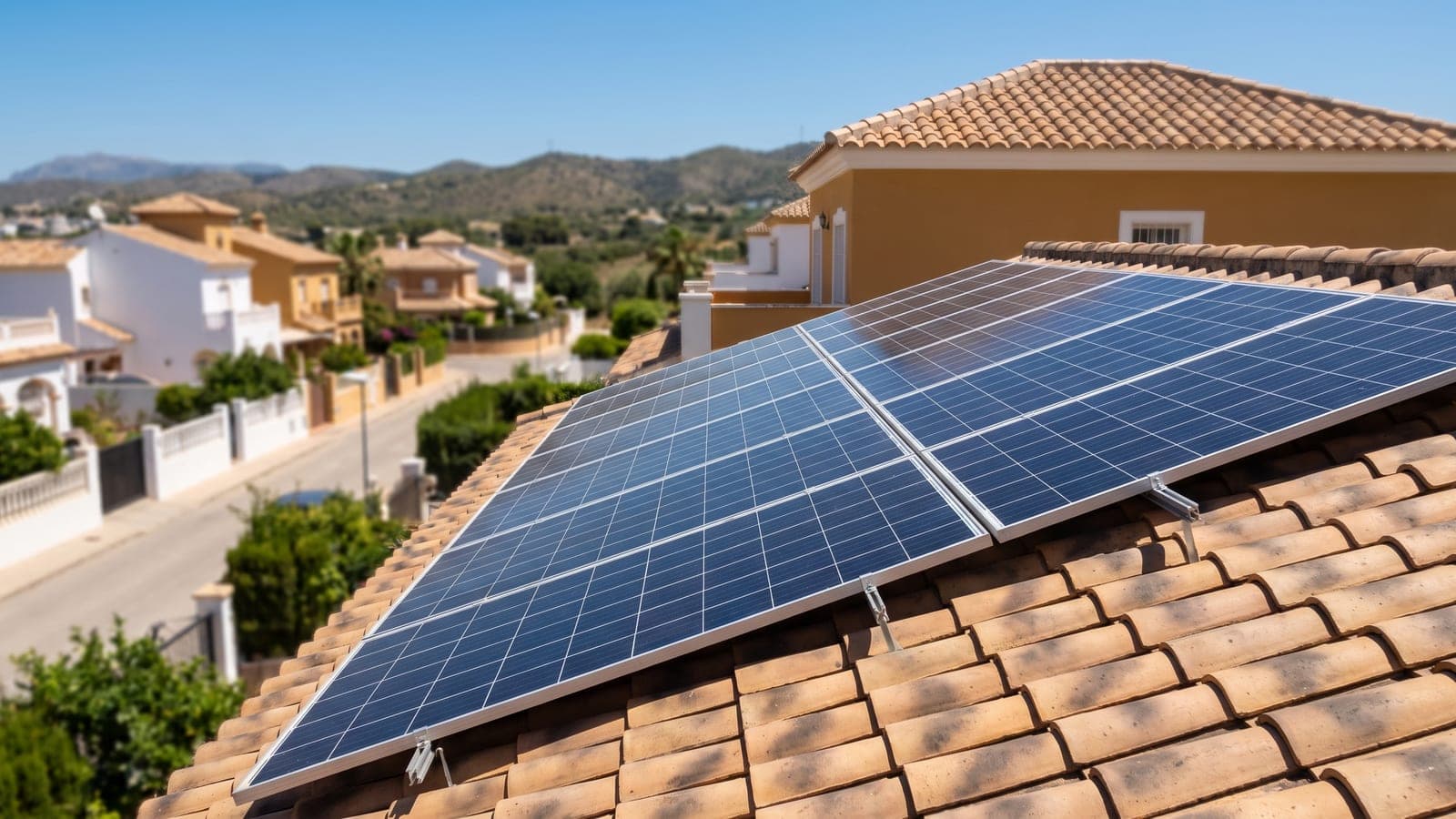 Placas solares en el tejado de una vivienda mediterránea bajo el sol del mediodía