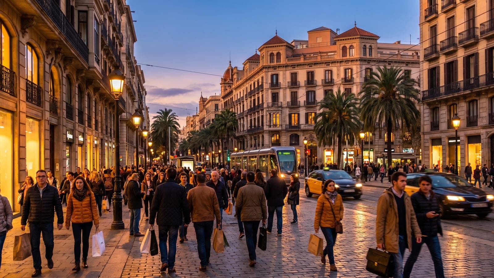 Calle comercial de una ciudad española al anochecer, con los escaparates y las farolas recién encendidos en plena hora punta.