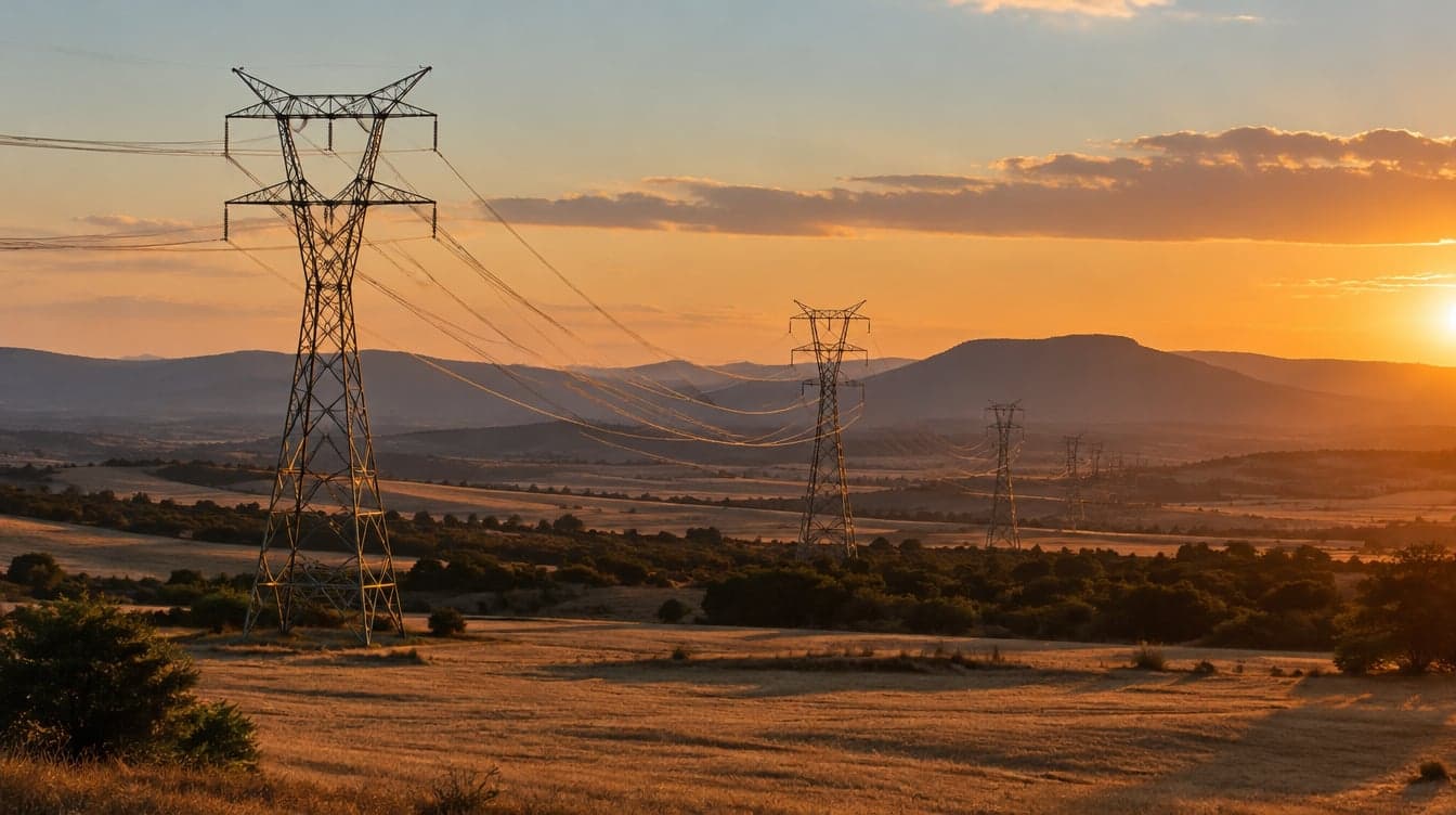 Torres y líneas de alta tensión cruzando un campo español al atardecer de otoño, con luz dorada baja.