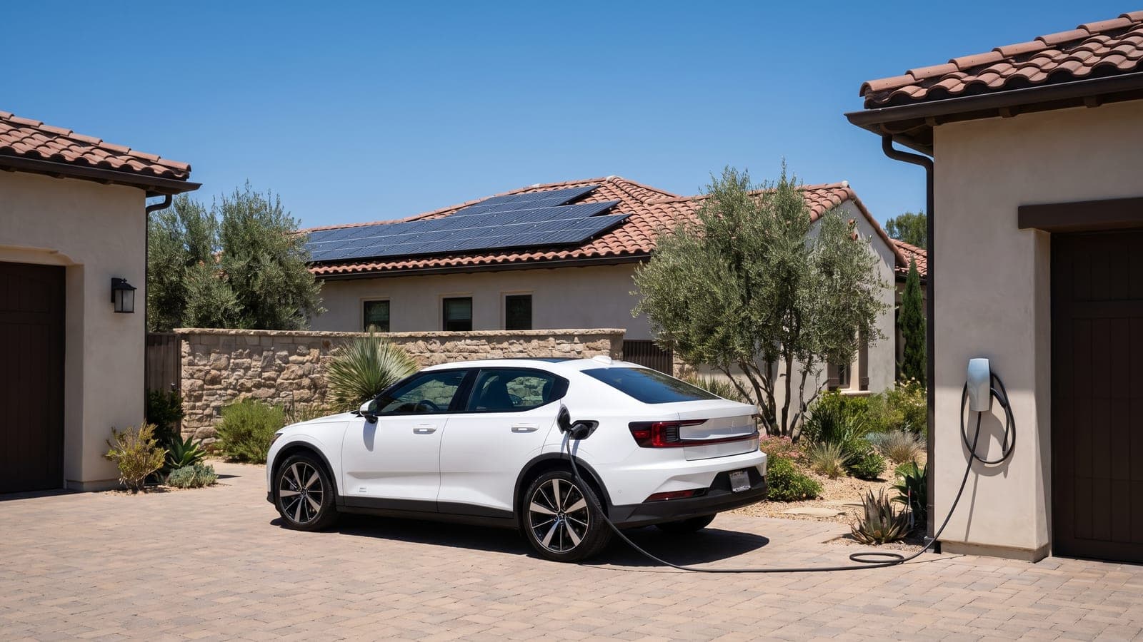Coche eléctrico blanco cargando en la entrada de una casa española con placas solares en el tejado, un mediodía soleado de fin de semana.