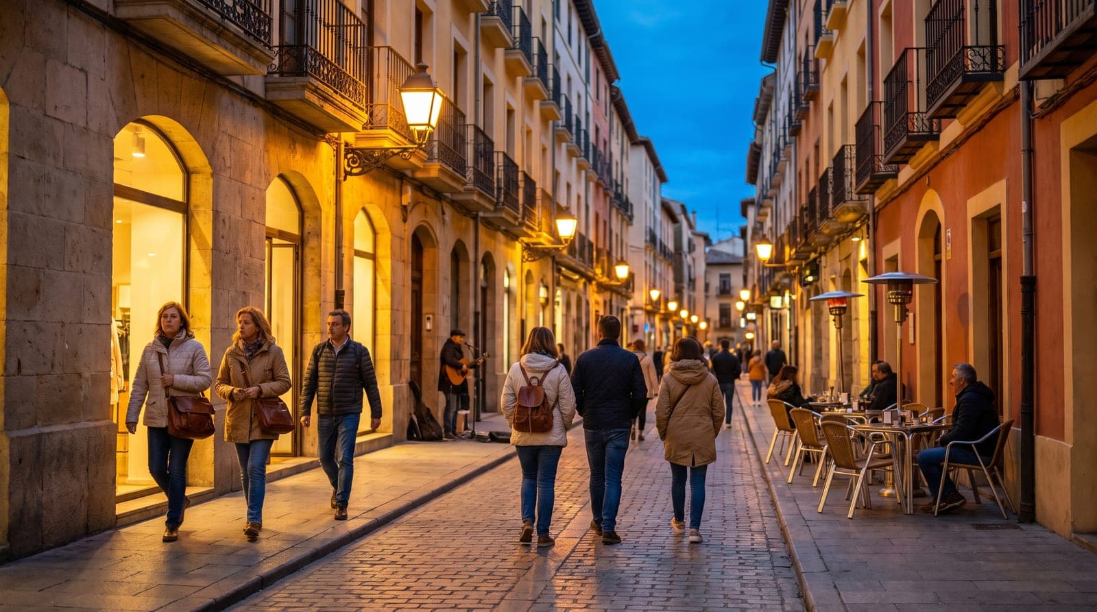 Calle comercial peatonal de una ciudad española al anochecer, con escaparates y farolas encendidas y gente paseando de vuelta a casa.