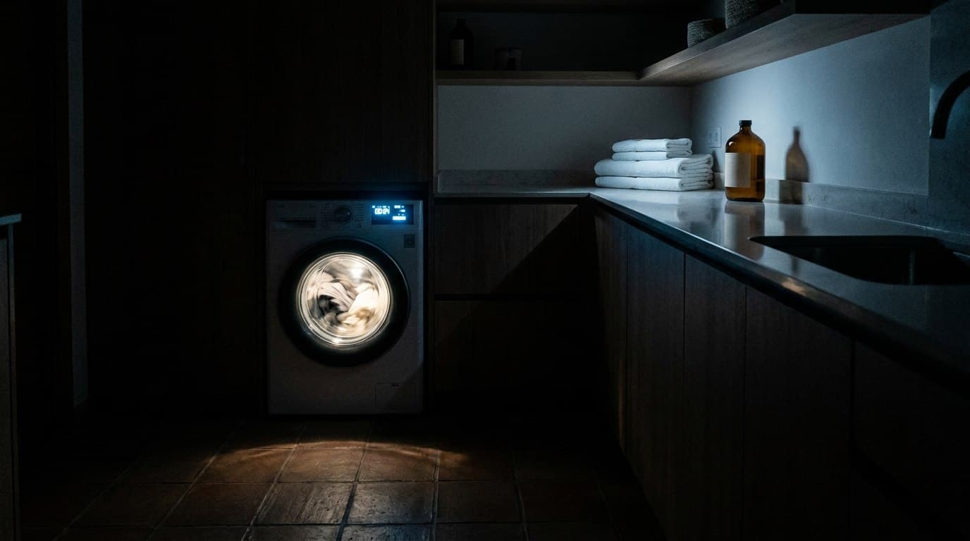 Lavadora en marcha con el tambor iluminado en el lavadero de una vivienda española a oscuras, de madrugada