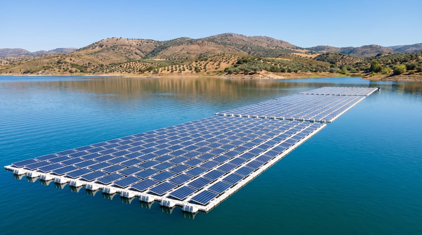 Planta solar fotovoltaica flotante sobre un embalse en España a pleno mediodía, con filas de placas azules sobre pontones blancos reflejándose en el agua