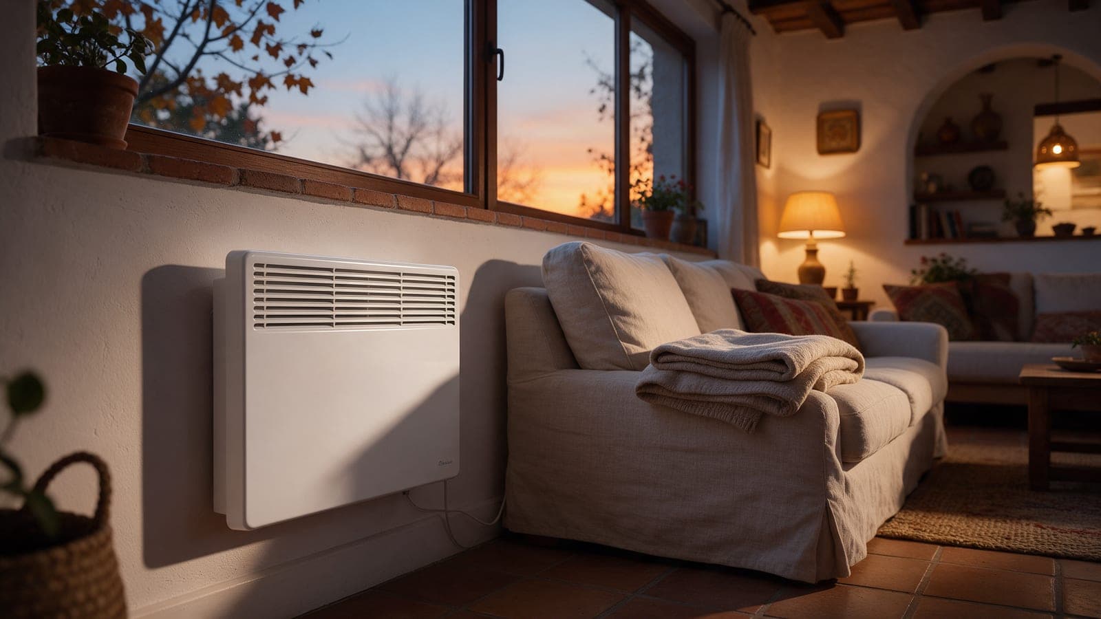 Radiador eléctrico blanco en un salón mediterráneo al anochecer de invierno, con luz cálida y una manta sobre el sofá