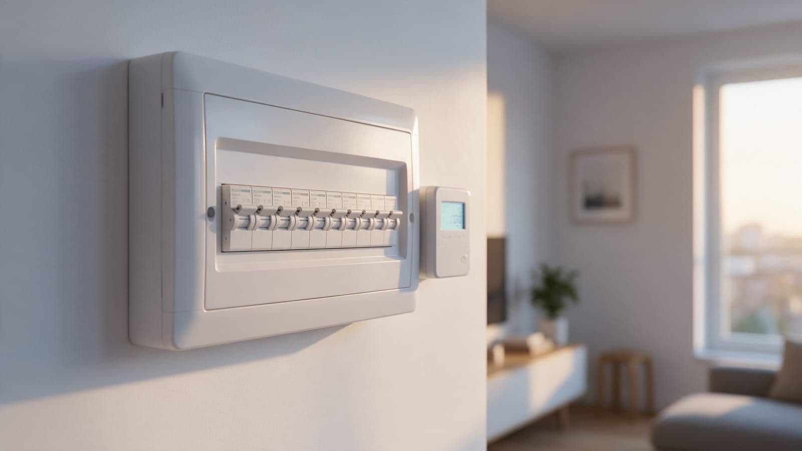 Cuadro eléctrico doméstico con magnetotérmicos blancos y un contador inteligente encendido en la pared de un piso español, con luz cálida de atardecer