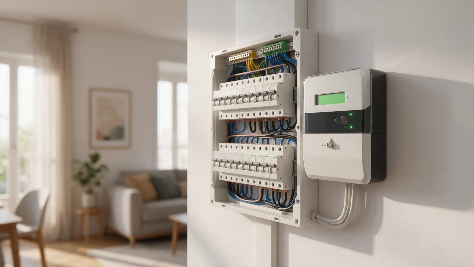 Cuadro eléctrico y contador digital de una vivienda española, con los diferenciales blancos en fila